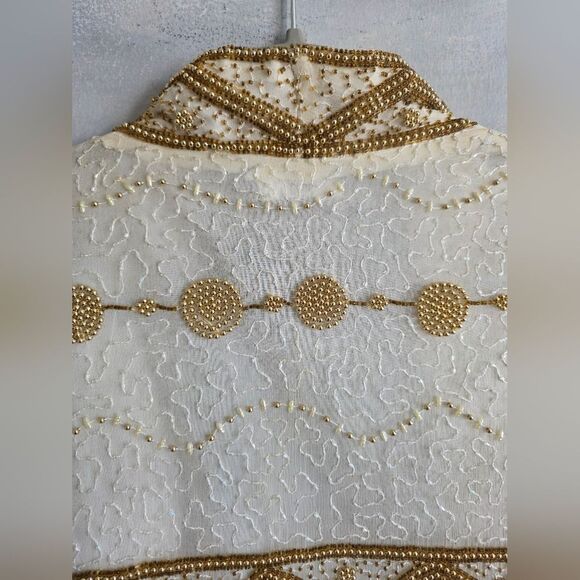Flapper Style Gunit Cream & Gold Sequin Beaded Duster Kimono Jacket Vtg OS - Picture 6 of 15